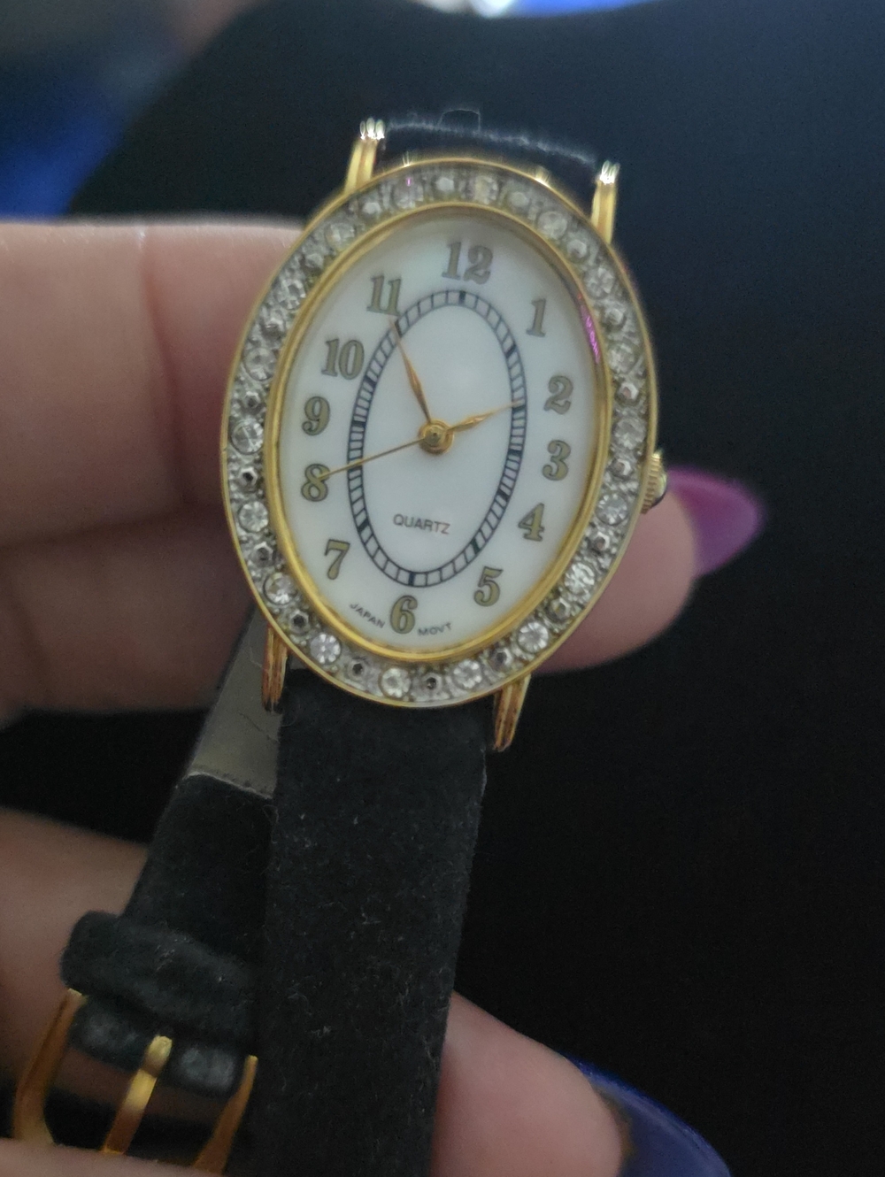 Avon Gold-Tone Crystal Oval Watch with White Dial and Black Strap